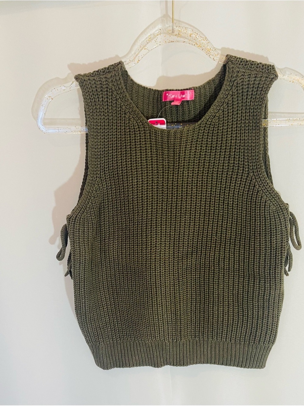 Girls  Say What Olive Knit Sleeveless Sweater Vest with Side Tie Detail